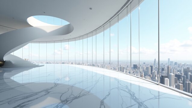Sleek curved penthouse, glossy marble floors and floor-to-ceiling city-view glass walls