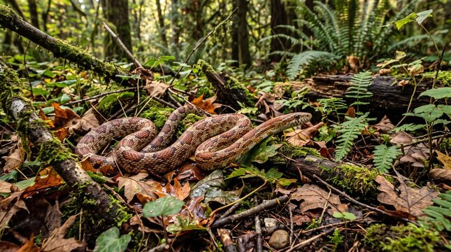 Corn snake camouflaged among dry autumn leaves and moss on forest floor