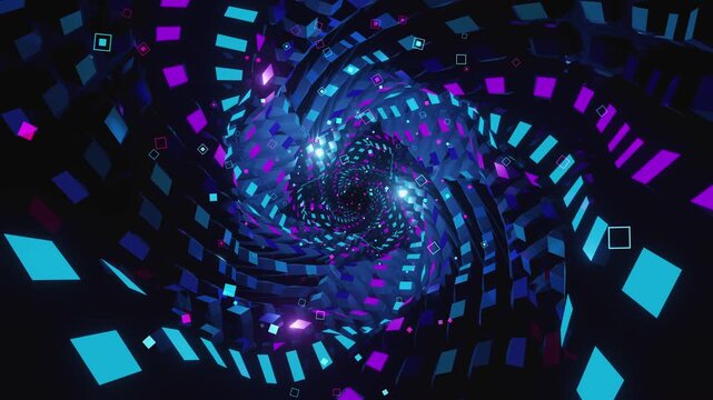 VJ Loop of digital vortex made of triangular lattice segments, aligned square arrays and complex data structures,for electronic music festivals, high-tech club visuals, stage screens and LED video wal