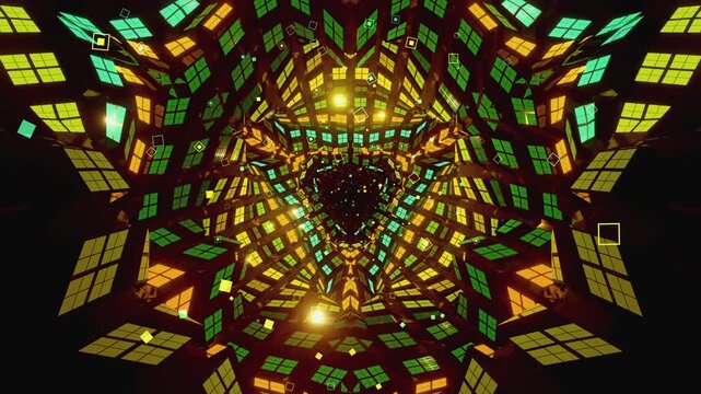 VJ Loop of digital vortex made of triangular lattice segments, aligned square arrays and complex data structures,for electronic music festivals, high-tech club visuals, stage screens and LED video wal