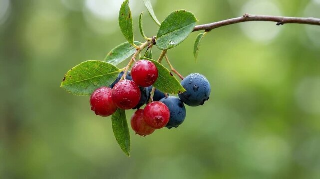 Ripe Lingonberries and Blueberries on a Twig with Soft Green Bokeh During Golden Hour