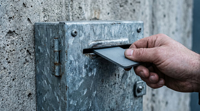 Hand inserting metal card into weathered steel dropbox on concrete wall