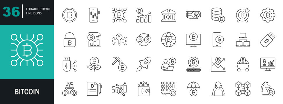  Bitcoin and Cryptocurrency icon set. featuring cryptocurrency wallets, BTC transactions, blockchain networks, mining, and security. Editable line icons. Vector illustration.
