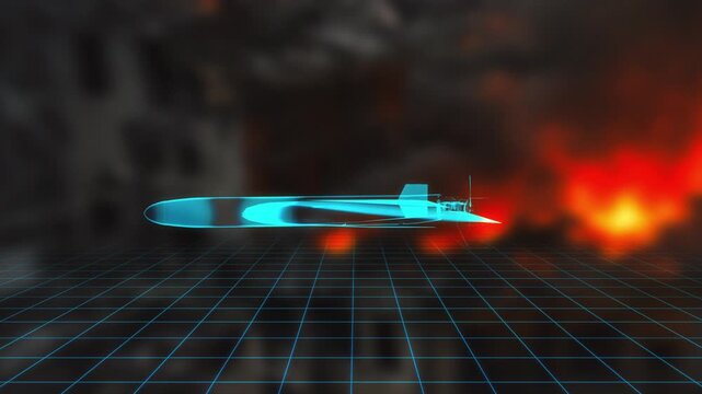 Futuristic stealth drone flies forward as a glowing blue hologram wireframe over a dark digital grid with fire explosions in the background