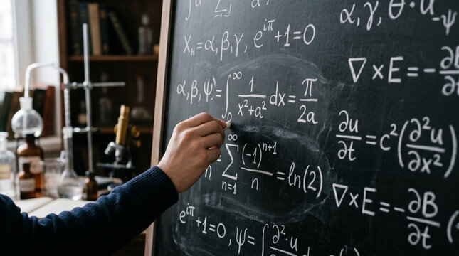 Mathematician writing complex formulas on a blackboard, science education, abstract concept