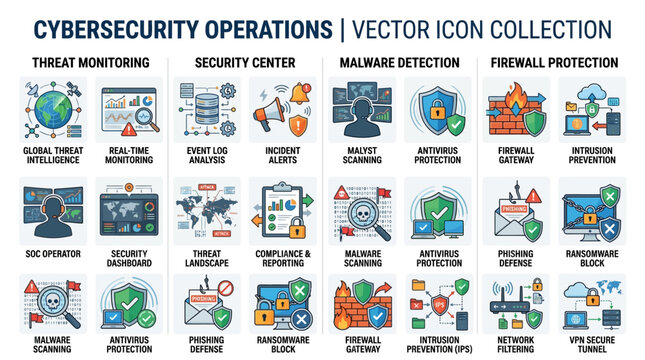 Cybersecurity operations vector icons depict threat monitoring and malware detection