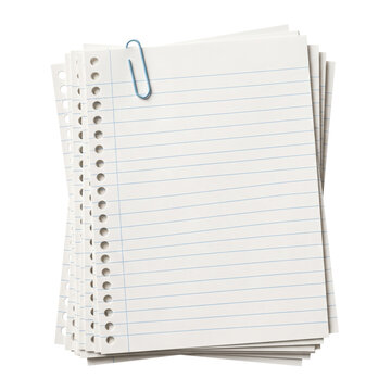 Lined notebook paper stack with blue paperclip
