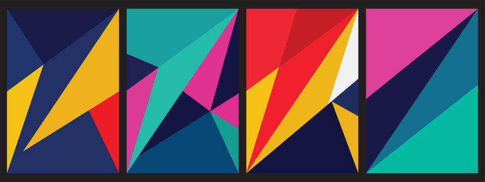 Colorful polygonal art posters showcasing faceted triangles and bold aesthetics.