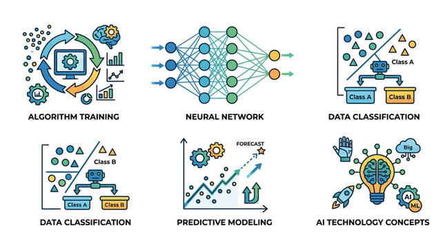 Infographic illustrates various AI technology concepts including algorithm training and data classification through neural networks and predictive modeling.