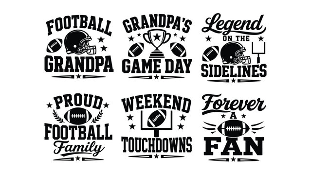 Collection of six American football themed graphic design elements with text and illustrations for printing