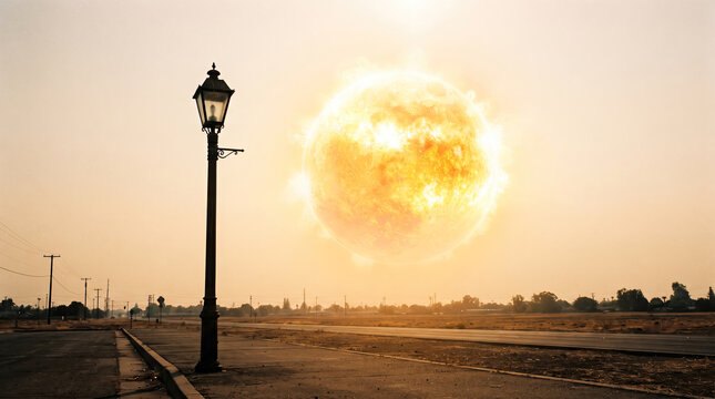 Street lamp silhouette against a massive burning sun in a dry desert landscape