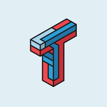 Isometric pixel art letter T in red and blue colors.