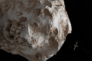 Satellite in Space passing asteroid, 3d animation © Mikael Damkier
