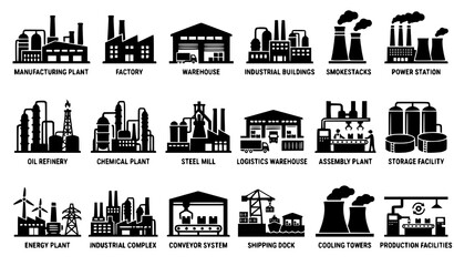 Fototapeta premium Industrial Factory and Manufacturing Plant Solid Glyph Icon Set with Warehouse Oil Refinery Power Station and Logistics Building Symbols for Corporate Vector Designs