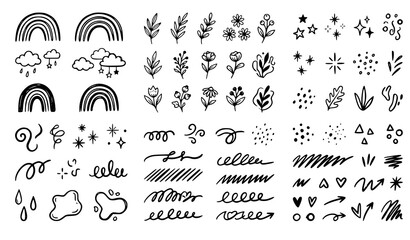 Hand Drawn Boho Decorative Element Set with Rainbows Clouds Flowers Botanical Branches Celestial Stars and Abstract Scribbles for Creative Design Layouts © Hosneara