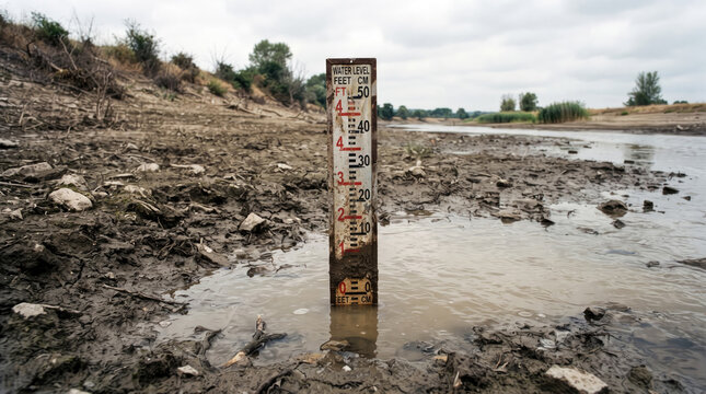 Measuring stick in a shallow river reflecting severe drought and water scarcity