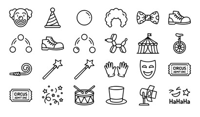 Circus and Fun Carnival Line Icon Set with Clown Balloon Wig Tent Unicycle Magic Wand Ticket and Juggling Elements for Birthday Party Design Layouts © Hosneara