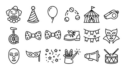 Circus and Birthday Carnival Line Icon Set with Clown Mask Tent Balloon Unicycle Magic Hat Garland and Drum Elements for Festive Celebration Event Layouts © Hosneara