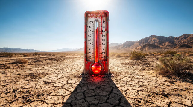 Large red thermometer in a hot desert landscape showing extreme heat levels