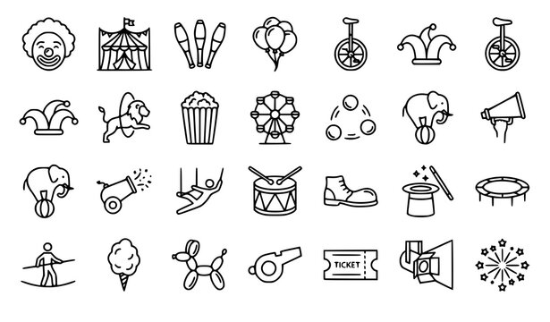 Circus and Amusement Park Line Icon Set with Clown Tent Unicycle Popcorn Ferris Wheel Animals Magic Hat and Ticket Elements for Carnival Festival Branding
