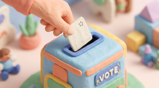 Hand casting vote into colorful toy ballot box, concept of voting and participation