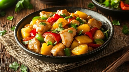 Obraz premium A rustic bowl of homemade sweet and sour chicken with pineapple, bell peppers, and herbs, served on a wooden table with garnishes