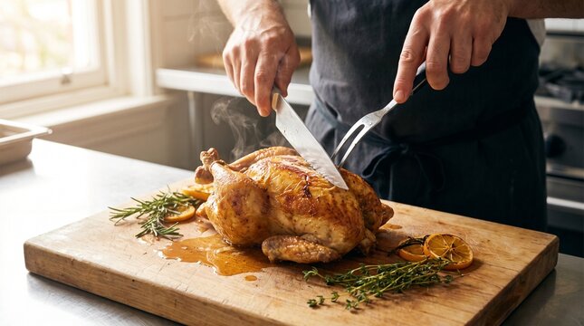 Chef Hands Carving Juicy Roasted Chicken