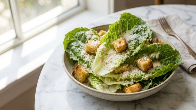 Food - Classic Caesar Salad with Romaine Lettuce Croutons and Shaved Parmesan in Rustic Ceramic Bowl