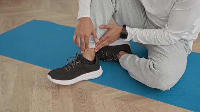 Man touching and massaging ankle on blue yoga mat in studio with hardwood floor and black trainers visible; calm recovery focus.