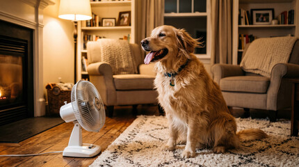 Plakat Dog sitting in front of a fan to cool down during a hot summer heat wave