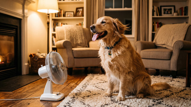 Dog sitting in front of a fan to cool down during a hot summer heat wave