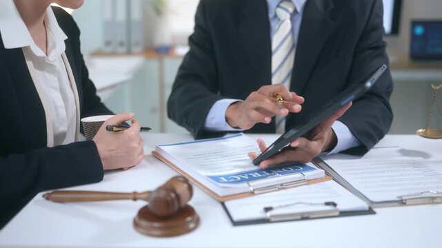 Lawyers reviewing a contract on a digital tablet during a legal consultation meeting in a law firm