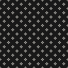 Fototapeta premium Simple minimal floral seamless pattern. Vector abstract black and white minimalist geometric ornament with small stylized flowers, tiny leaves, petals. Dark monochrome background. Repeated geo design