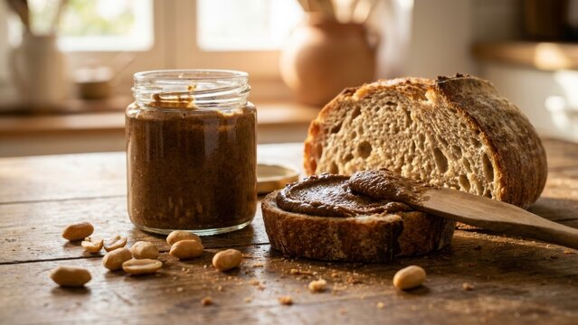 Food - Homemade Peanut Butter Spread on Rustic Sourdough Bread Slice with Glass Jar and Peanuts on Wooden Table