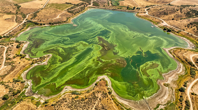 Aerial view of a toxic algae bloom covering a stagnant lake in summer heat