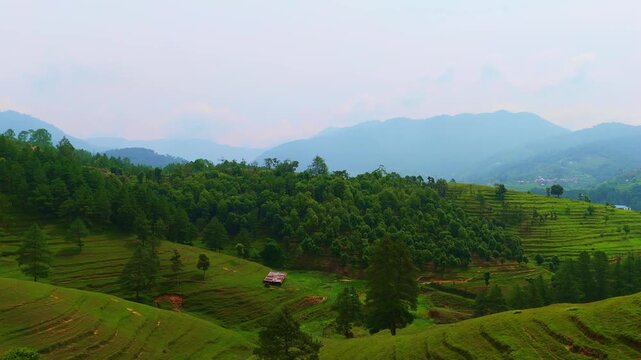 Aerial viwe of Grassy Mountain Slope in Nepal , Bheda Farm , Chitlang , Sheep Farm	