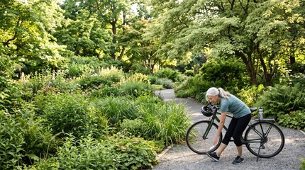 Fototapeta premium Senior woman cyclist stretching beside bicycle on park path