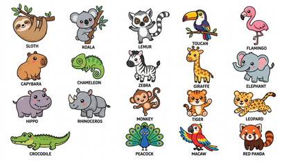 Cute Funny Exotic Animals Cartoon Vector Set Isolated on White © Kuddus