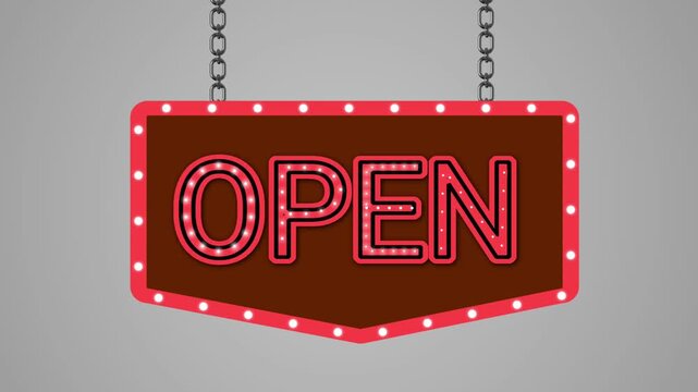 A retro styled open sign with flashing marquee lights hanging from chains transitions from a grey background to a green screen.