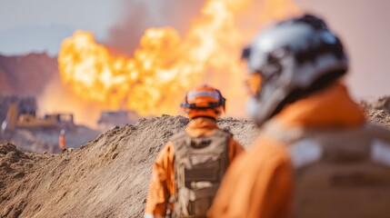 Obraz premium Firefighters Monitor Blaze from Methane Explosion at Environmental Incident