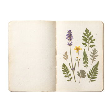 Open vintage notebook with dried pressed flowers