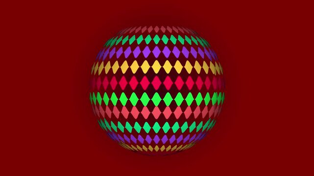Colorful diamond pattern sphere on a deep red background