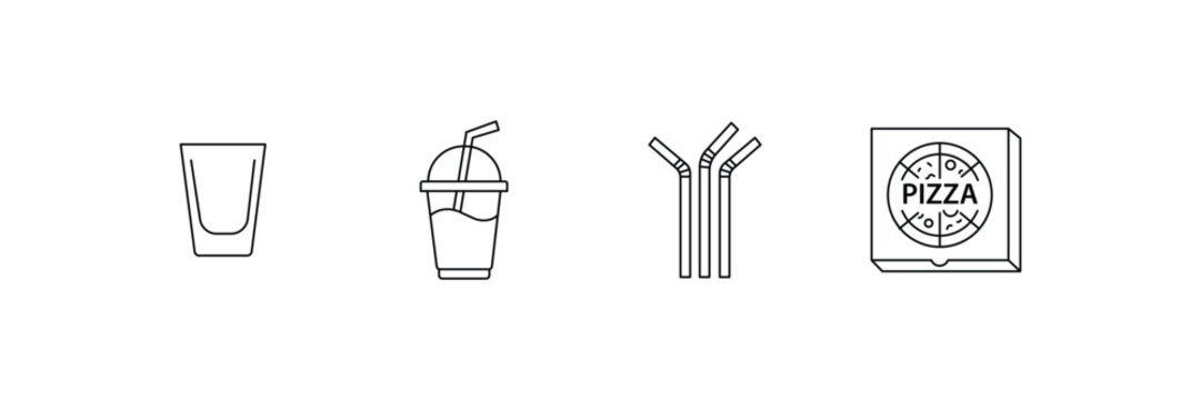 Disposable plastic glass milkshake cup drinking straws and pizza box outline icon set vector illustration.
