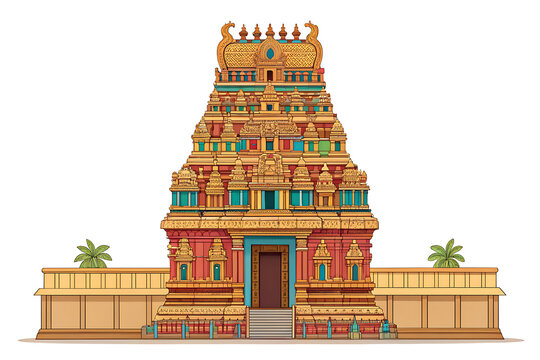 South Indian gopuram in vector flat illustration