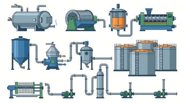 Various industrial machines, equipment, and storage tanks for a complete processing line