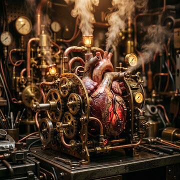 Steampunk Mechanical Heart Machine with Gears and Steam