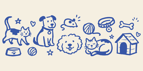 Pets and Pet Accessories Naive Doodle Vector Illustration © Victoria