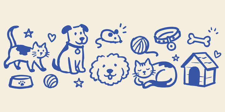 Pets and Pet Accessories Naive Doodle Vector Illustration