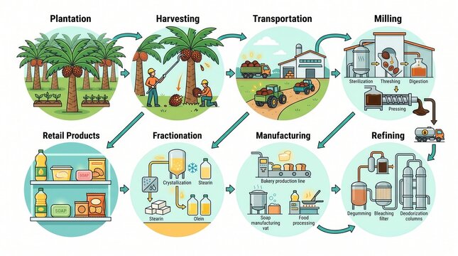 Illustrates the palm oil supply chain from planting to final consumer products