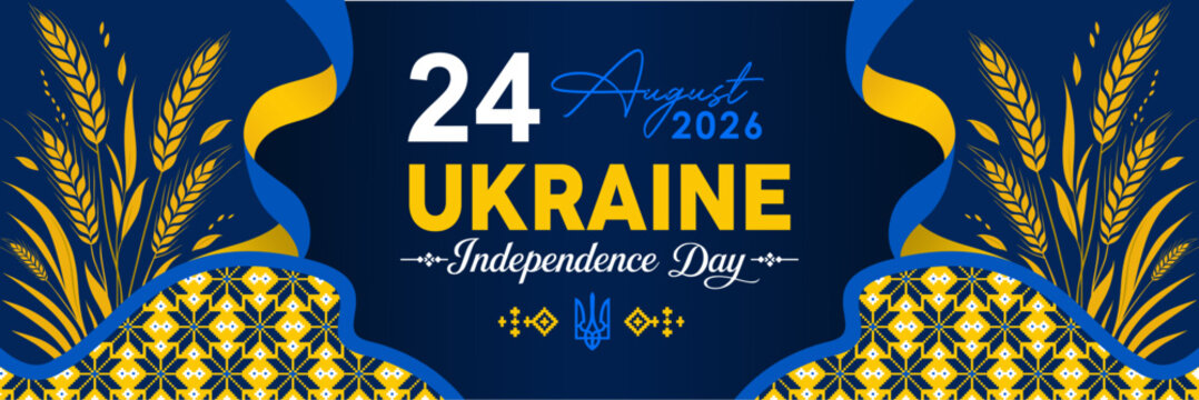 35th Ukraine Independence Day 2026 Panoramic Wheat Banner. Flat style horizontal panoramic celebration layout for Ukraine's 35th Independence Day featuring golden wheat stalks, symmetric flag ribbon.